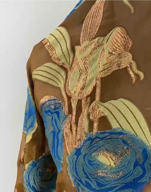 Luxurious Brown Jacquard Fabric with Blue and 10k Gold Floral Embroidery Luxurious Brown Jacquard Fabric with Blue and 10k Gold Floral Embroidery