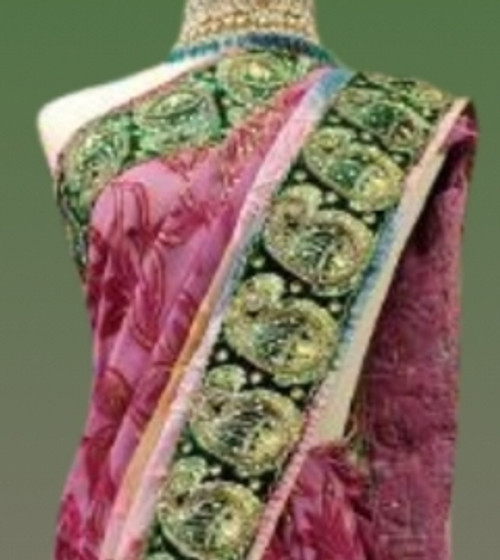 Hakoba Pink & Purple Floral Saree with Green-Gold Embroidered Border Hakoba Pink & Purple Floral Saree with Green-Gold Embroidered Border