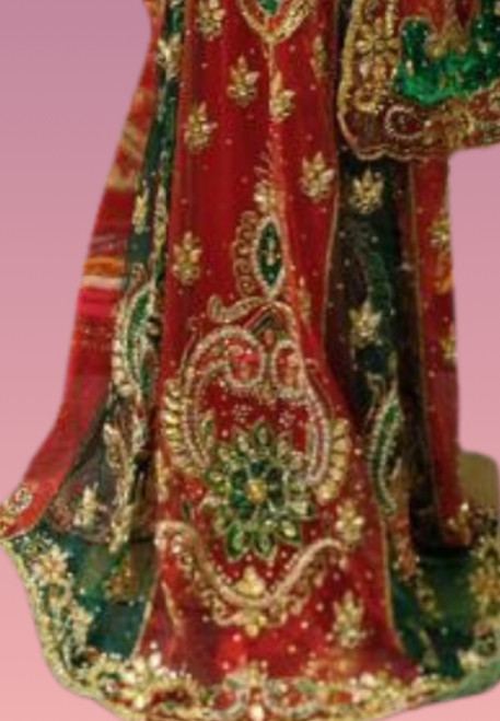 Hakoba Red Designer Saree with Heavy Green-Gold Embroidered Border Hakoba Red Designer Saree with Heavy Green-Gold Embroidered Border