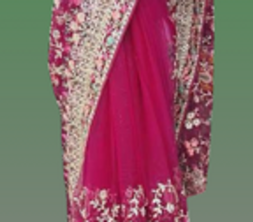 Magenta Net Saree with All-Over Intricate Floral Embroidery Magenta Net Saree with All-Over Intricate Floral Embroidery