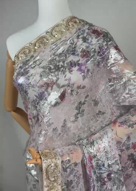 Lavender Metallic Floral Printed Saree with Ornate Golden Border – Luxe Party Edit Lavender Metallic Floral Printed Saree with Ornate Golden Border – Luxe Party Edit