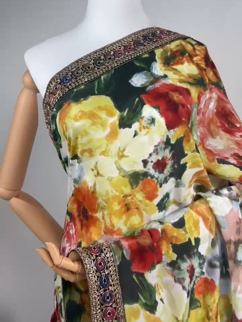 Handpainted Multicolor Floral Saree with Embellished Mirror Border – Summer Luxe Edition Handpainted Multicolor Floral Saree with Embellished Mirror Border – Summer Luxe Edition