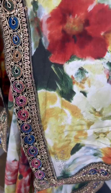 Handpainted Multicolor Floral Saree with Embellished Mirror Border – Summer Luxe Edition Handpainted Multicolor Floral Saree with Embellished Mirror Border – Summer Luxe Edition