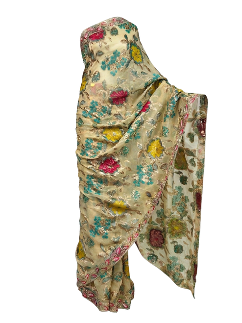 Vintage Beige Handpainted Saree with Embossed Floral Accents – Artisanal Heritage Edition