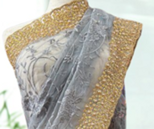 Smokey Grey Net Saree with Golden Embroidered Border Smokey Grey Net Saree with Golden Embroidered Border
