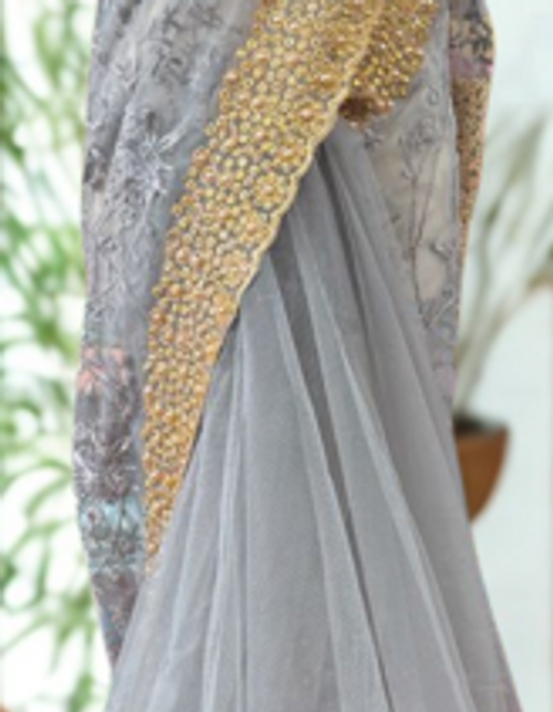 Smokey Grey Net Saree with Golden Embroidered Border Smokey Grey Net Saree with Golden Embroidered Border