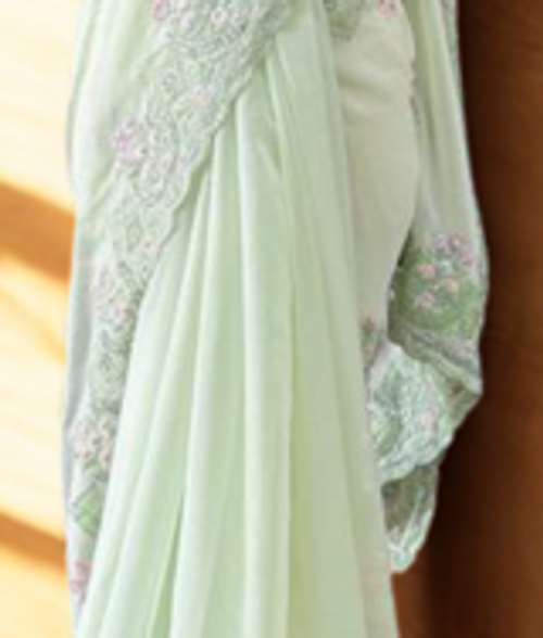 Mint Green Net Saree with Pastel Floral Embroidery Design Mint Green Net Saree with Pastel Floral Embroidery Design