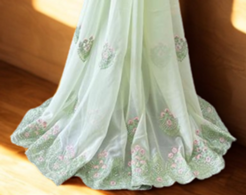 Mint Green Net Saree with Pastel Floral Embroidery Design Mint Green Net Saree with Pastel Floral Embroidery Design