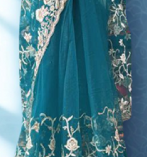 Teal Blue Net Saree with Champagne Gold Floral Embroidery Teal Blue Net Saree with Champagne Gold Floral Embroidery