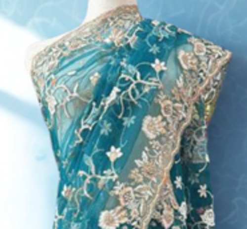 Teal Blue Net Saree with Champagne Gold Floral Embroidery Teal Blue Net Saree with Champagne Gold Floral Embroidery