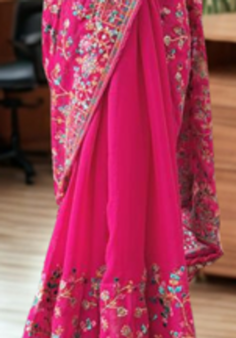 Vibrant Fuchsia Pink Floral Embroidered Designer Saree Vibrant Fuchsia Pink Floral Embroidered Designer Saree