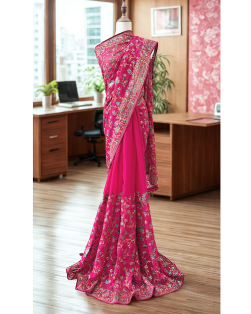 Vibrant Fuchsia Pink Floral Embroidered Designer Saree