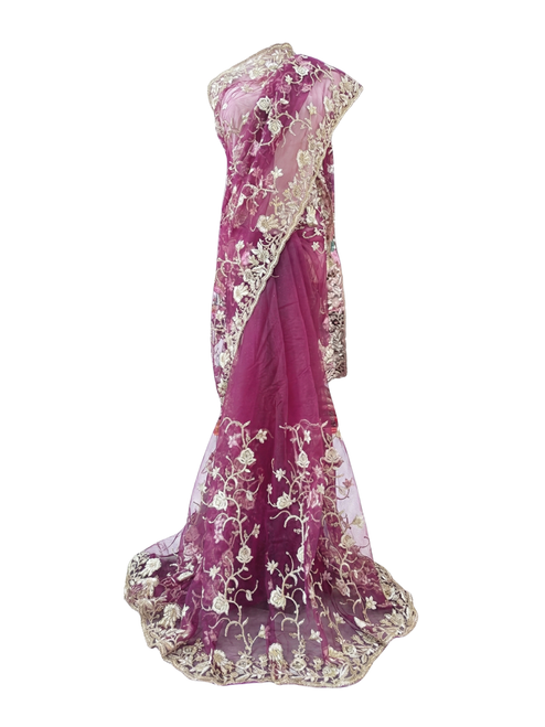 Majestic Wine Purple Net Saree with Opulent Gold Embroidery