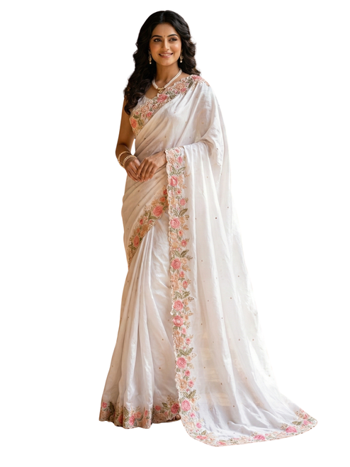 Pure White Saree with Delicate Floral Embroidered Border