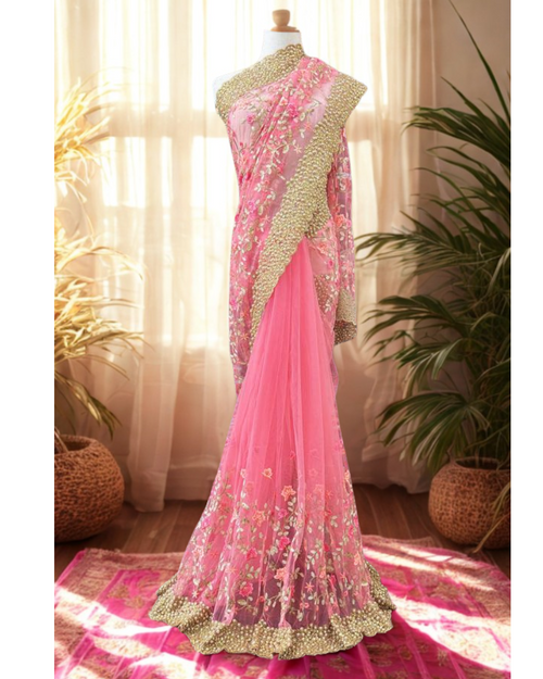 Dreamy Pastel Pink Floral Net Saree with Hand-Embroidered Border