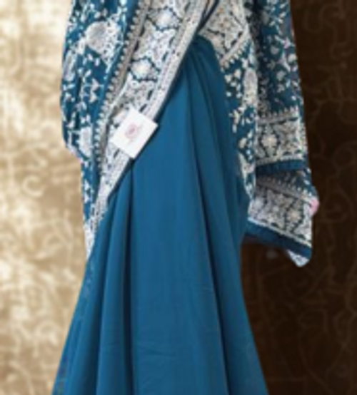 Regal Teal Blue Chikankari Embroidered Saree with Contrast White Detailing Regal Teal Blue Chikankari Embroidered Saree with Contrast White Detailing