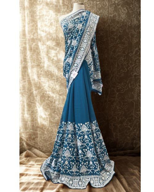Regal Teal Blue Chikankari Embroidered Saree with Contrast White Detailing