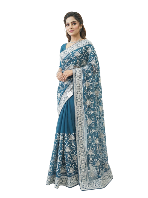 Regal Teal Blue Chikankari Embroidered Saree with Contrast White Detailing