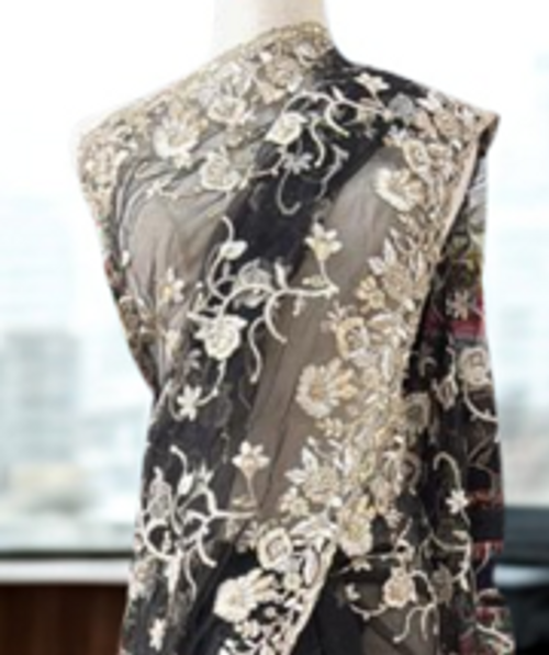 Black Net Saree with Antique Gold Floral Embroidery & Luxe Detailing Black Net Saree with Antique Gold Floral Embroidery & Luxe Detailing