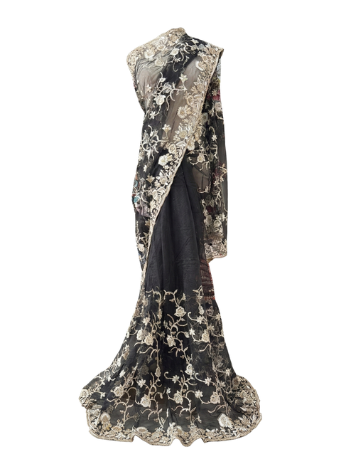Black Net Saree with Antique Gold Floral Embroidery & Luxe Detailing