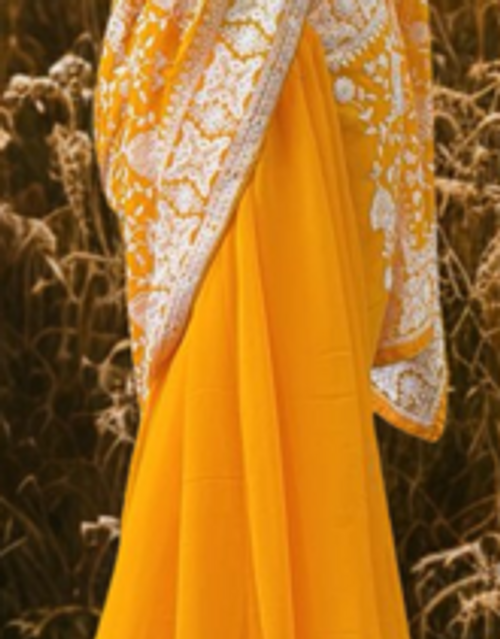 Sunshine Yellow Georgette Saree with Exquisite White Floral Embroidery Sunshine Yellow Georgette Saree with Exquisite White Floral Embroidery
