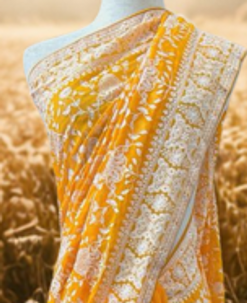 Sunshine Yellow Georgette Saree with Exquisite White Floral Embroidery Sunshine Yellow Georgette Saree with Exquisite White Floral Embroidery