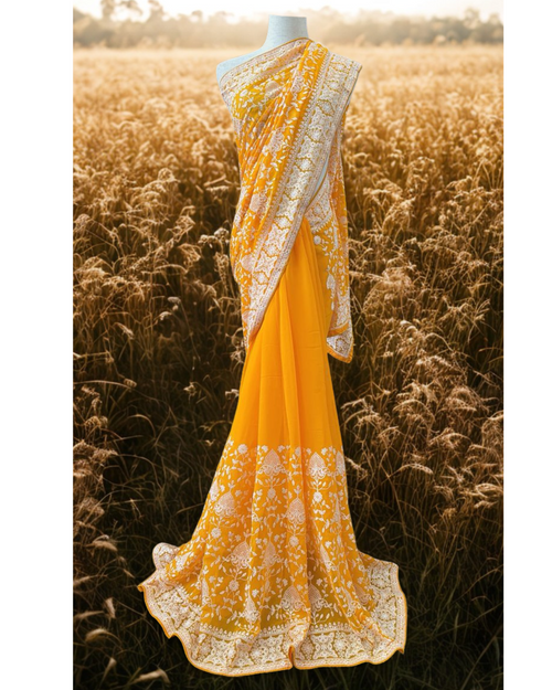 Sunshine Yellow Georgette Saree with Exquisite White Floral Embroidery