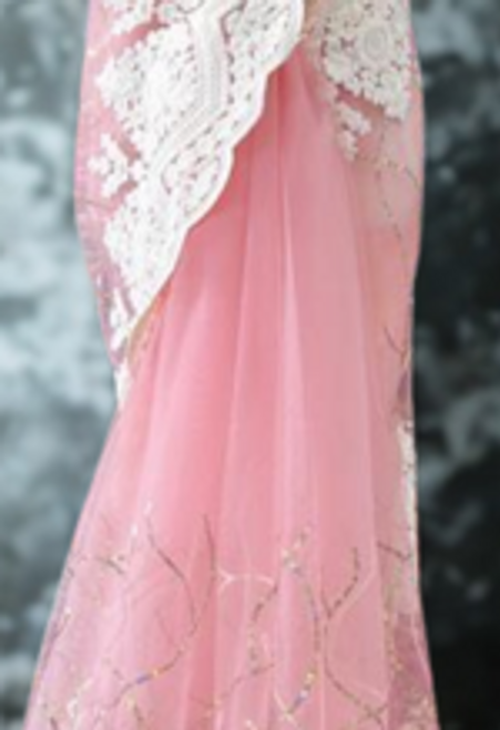 Ethereal Pastel Pink Net Saree with Luxe White Embroidered Scallop Border Ethereal Pastel Pink Net Saree with Luxe White Embroidered Scallop Border