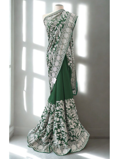 Majestic Bottle Green Saree with Exquisite White Embroidered Detailing