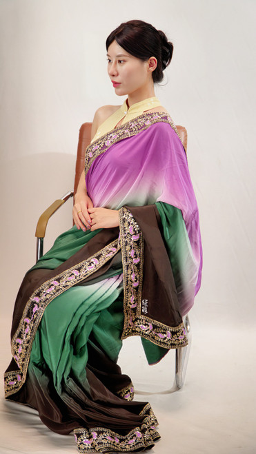 Stunning Multicolor Ombre Saree with Embroidered Floral Border Stunning Multicolor Ombre Saree with Embroidered Floral Border