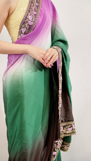 Stunning Multicolor Ombre Saree with Embroidered Floral Border Stunning Multicolor Ombre Saree with Embroidered Floral Border