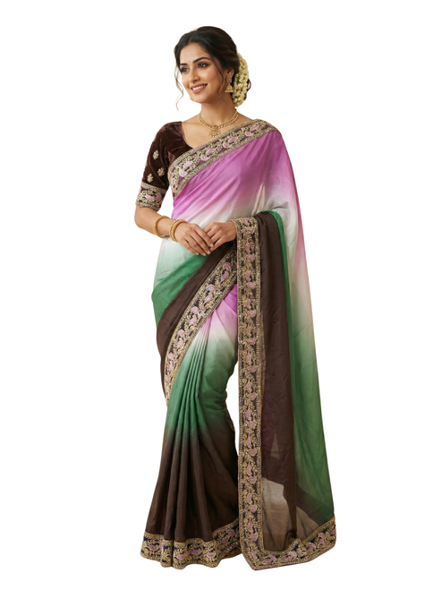 Stunning Multicolor Ombre Saree with Embroidered Floral Border
