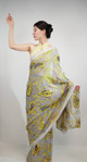 Elegant Grey Organza Saree with Neon Green Paisley Embroidery and Silver Scalloped Border