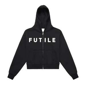 FUTILE (WHITE) - Fleeced Zip-Up Cropped Hoodie #260301PODUA1880