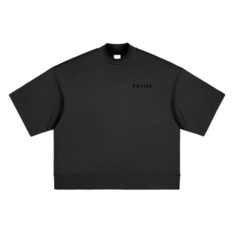 Small BLACK FUTILE - Heavyweight OVERSIZED Mock Neck T-shirt #260109PODPQ4645