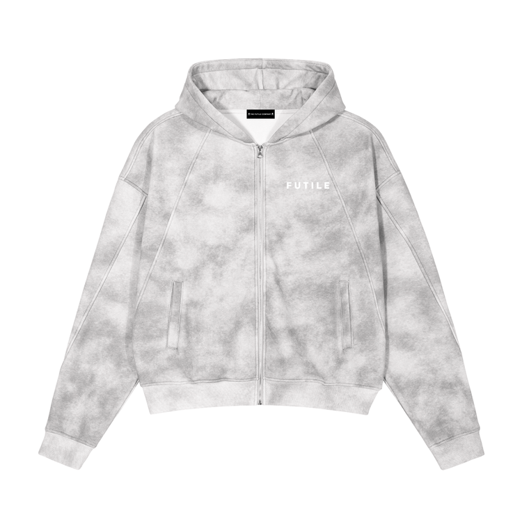 FUTILE (WHITE) - Dirty Washed Zip-Up Fleece Hoodie #260112PODTZ2600