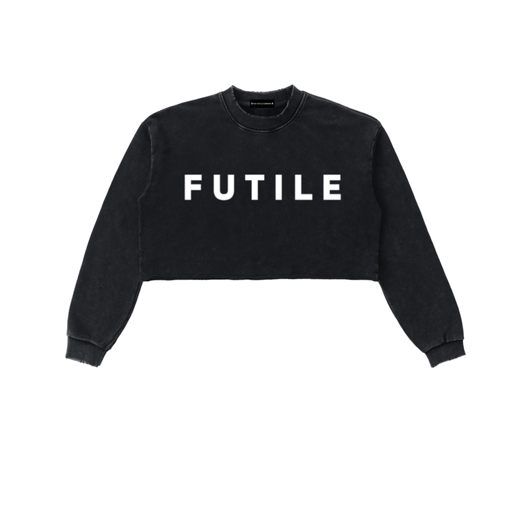 FUTILE (WHITE) - Snow Washed Raw Edge Cropped Sweatshirt #260115PODBE2897