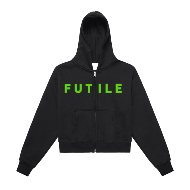 FUTILE (GREEN) - Fleeced Zip-Up Cropped Hoodie #260301PODUA1877