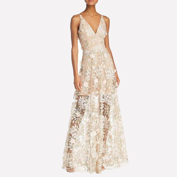 Women's Embellished Plunging Gown Sleeveless Floral Long
