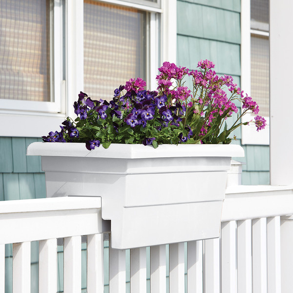 White Railing Flower Box with Flowers on a Front Porch Rail