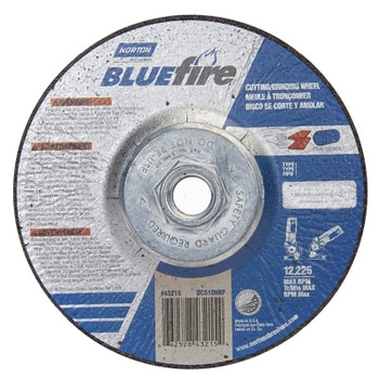 Norton Bluefire Type 27 Depressed Center Wheel, 5 in dia, 1/8 in Thick, 5/8 Arbor, 24 Grit, Zirconia/Aluminum Oxide (10 EA / PK)