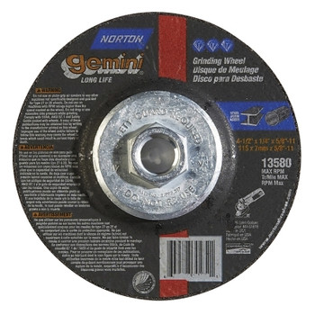 Norton Gemini Type 27 Grinding and Cutting Wheel, 4-1/2 in dia, 1/4 in Thick, 5/8 in -11 Arbor (10 EA / BX)