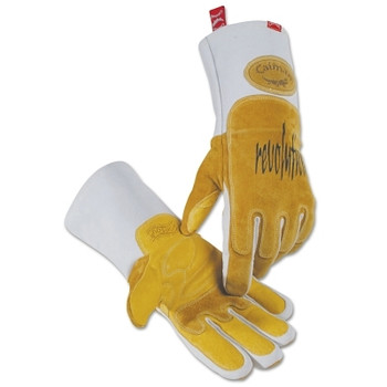 Caiman 1812 revolution Pig Grain FR Cotton Fleece Lined MIG/Stick Welding Gloves, Large, Gold/White, Gauntlet Cuff (1 PR / PR)