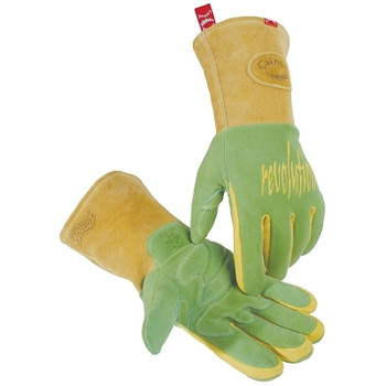 Caiman 1816 revolution Deerskin FR Foam Fleece Lined MIG/Stick Welding Gloves, Large, Green/Gold, Gauntlet Cuff (1 PR / PR)