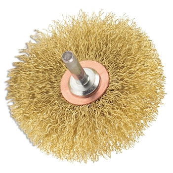 Weiler Stem-Mounted Narrow Conflex Brush, 3 in dia x 1/2 in W Face, 0.0118 in Brass Wire, 20000 RPM, 1/4 in Stem (1 EA / EA)