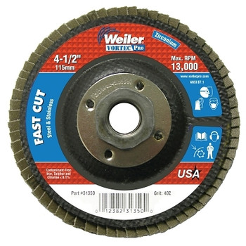 Weiler Vortec Pro Abrasive Flap Disc, 4-1/2 in dia, 40 Grit, 5/8 in-11, 13000 rpm, Type 29 (1 EA / EA)