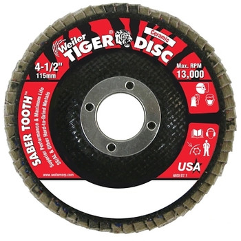 Weiler Saber Tooth Ceramic Flap Discs, 4 1/2 in, 60 Grit, 7/8 in Arbor, 13,000 rpm (1 EA / EA)