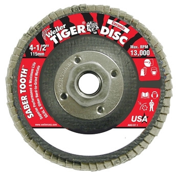 Weiler Saber Tooth Ceramic Flap Discs, 4 1/2 in, 60 Grit, 5/8 in Arbor, 13,000 rpm (10 EA / BX)