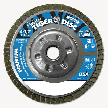 Weiler Tiger Disc Angled Style Flap Discs, 4 1/2 in, 24 Grit, 5/8 Arbor, Aluminum Back (10 EA / CTN)