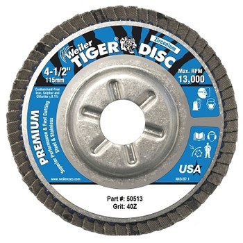 Weiler Tiger Disc Angled Style Flap Discs, 4 1/2", 40 Grit, 7/8 Arbor, Aluminum Back (1 EA / EA)